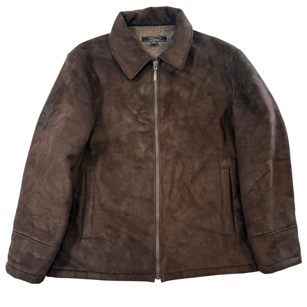 Claiborne Faux Suede Jacket Mens XL Brown Sherpa Lined Full Zip Coat